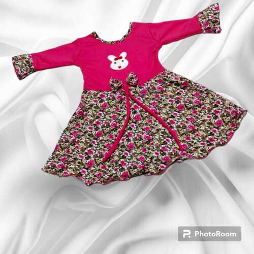 Girls Poly Dobby Pink Frock Pattern  Printed