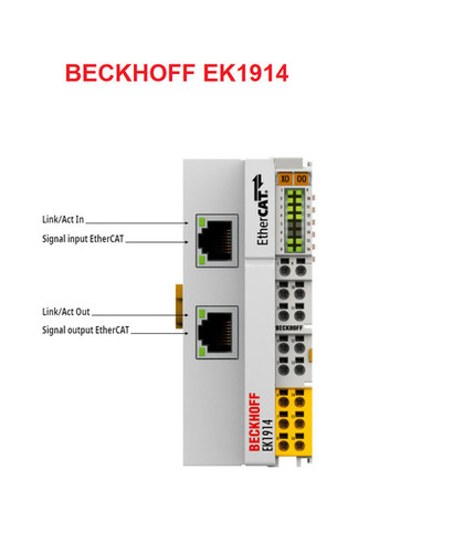 BECKHOFF EK1914 EtherCAT Coupler - 24VDC, 100mm Height, 67mm Length, 44mm Width | Integrated Digital Standard and Safety I/Os, TwinSAFE Logic Compatible