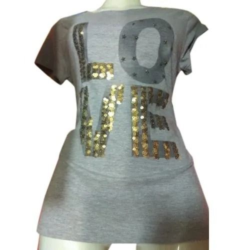 Grey Color Round Neck Short Sleeves Girls Fancy Top