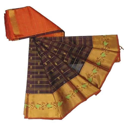 Handloom Grenleaf Cotton Silk Pattu Saree With Running Contrast Blouse Piece