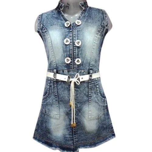 Multi Color Sleeveless Kids Faded Denim Frock