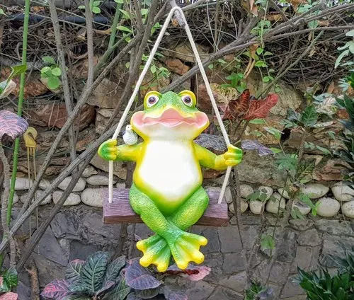 Polyresin Garden Frog On Swing