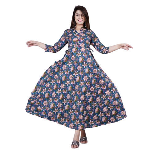 Ladies 3/4th Sleeves Multicolor Printed Anarkali Rayon Kurtis