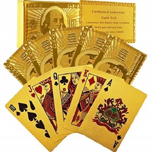 Gold Playing Cards - Waterproof Plastic, 11.5 x 8.5 x 4.5 cm, Golden Finish | 99.9% 24 Karat Gold Foil, $100 Bill Etching, Perfect Gift for All Occasions