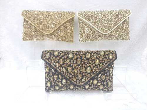 Ladies Designer Beaded Clutch Bags - Cotton Fabric and Linen, Multi-Color, Button Closure, Stylish Rectangular Design