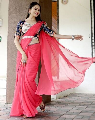 Ladies Pink Color Designer Georgette Saree