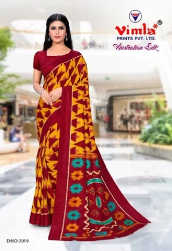 Ladies Uniform Saree With Unstitched Blouse Piece - Soft Touch Fabric, Various Colors | Eye Catching Look, Skin Friendly, Printed Pattern for All Seasons