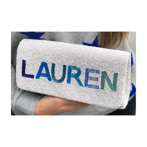 Handmade Leather Clutch Purse - White Cotton with Beaded Work | Customized Name, Elegant Design, Spacious Interior