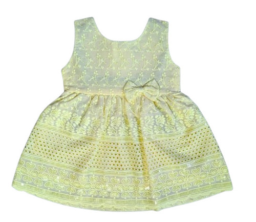 Yellow Color Sleevless Chikan Embroidered Baby Frock