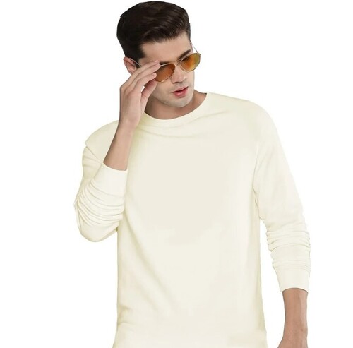 Cotton Full Sleeve T-Shirt - O-Neck Customized Sizes White Color | Male Plain Pattern Long Sleeves