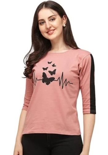 Cotton Ladies T-Shirts - All Sizes Pink Color Round Neck Mega Sleeves Printed Design Machine Washable