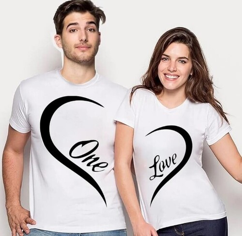 Couple T-Shirts - Cotton Graphic Printed Customized Size White Half Sleeves O-Neck Style - Casual Wear for Unisex