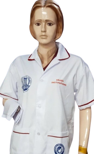 Poly Cotton Women's Hospital Uniform - Printed V Collar, Short Sleeve | Available in XS-XXXL, Classic White Color