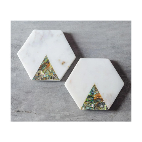 Handmade White Makrana Marble Tea Coaster - 10 cm, White Marble with Intricate Abalone Inlay | Elegant Design for Luxurious Tea Time Decor