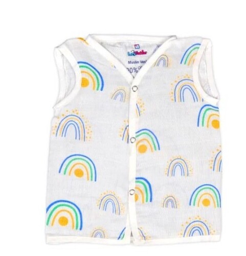 White Color Printed New Born Baby Muslin Sleeveless Jhabla