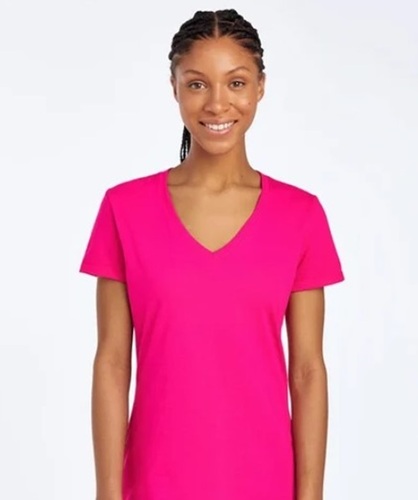 Pink Color Plain Pattern V Neck Short Sleeves Ladies T-Shirt