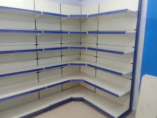 Supermarket Corner Display Rack - High Steel, Customized Size, White & Blue Color, 6 Layer | Durable, Heavy Duty, Long Lasting, Perfect Finish