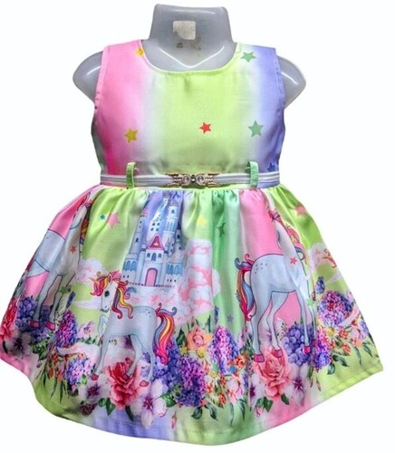 Multi Color Round Neck Unicorn Printed Baby Frocks