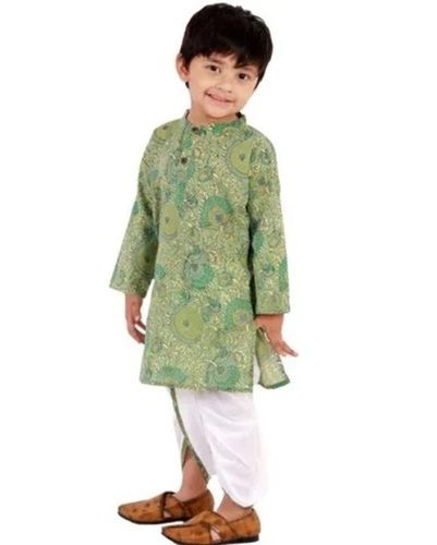 Green Color Printed Pattern Full Sleeves Boys Green White Dhoti Kurta