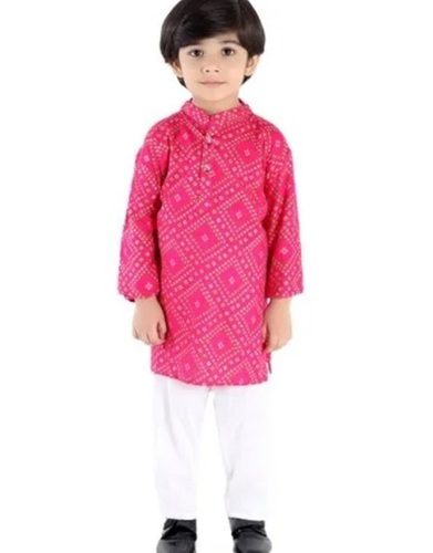 Boys Jaipuri Kurta Pajama - Georgette Fabric, Size 3-5 Years, Red & White, Round Neck, Long Sleeve | Breathable, Washable, Printed Design