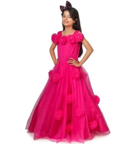 Girls Magenta Embroidered Party Wear Gown