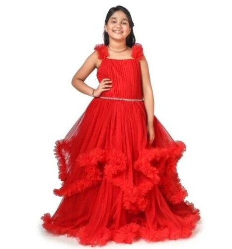 Girls Red Flared Designer Gown With Frills For Party Wear