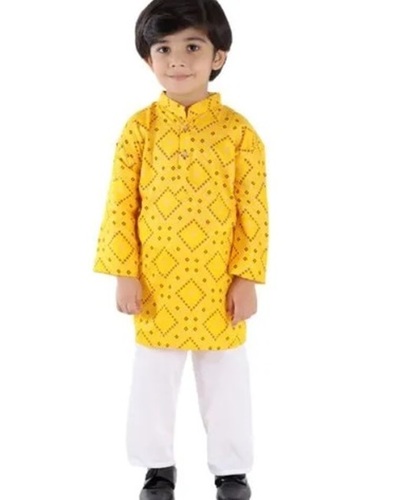 Kids Boy Kurta Pajama - Silk Fabric Size 3-5 Years Multi Color (Yellow Red White) - Long Sleeve Printed Design