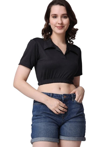 Black Solid Collar Crop Top - Polyester, S/M/L/XL/XXL, Opaque, Short Sleeve | Plain Pattern, Flattering Regular Fit, Versatile Color Options