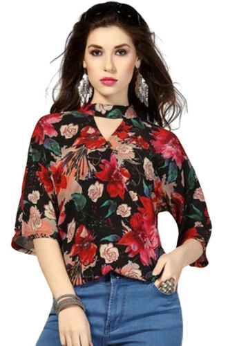 Mlti Color Printed Pattern Short Sleeves Ladies Georgette Top