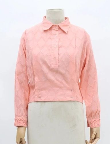 Pink Color Full Sleeves Cotton Fabric Ladies Collared Top