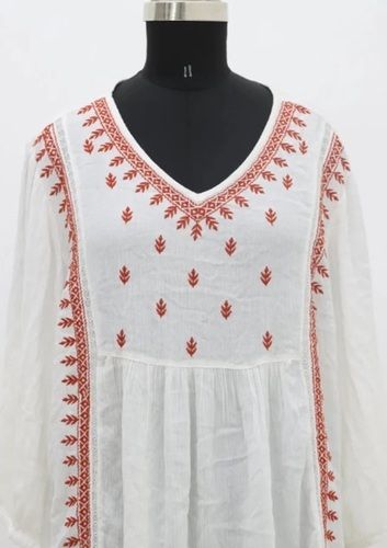 White Color 3/4th Sleeves Ladies Embroidered Top