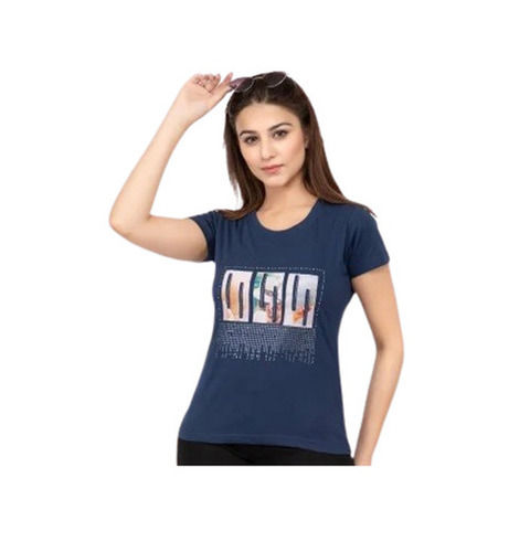 Casual Wear Readymade Regular Fit Short Sleeves Round Neck Printed Ladies T Shirts