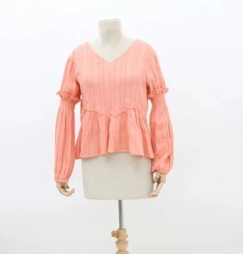 Pink Color Fancy Plain Pattern Full Sleeves Ladies V Neck Top