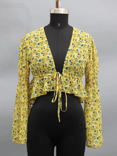 Yellow Color Printed Pattern Full Sleeves Ladies Tops