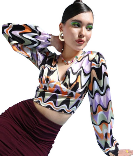 Satin Crop Top - Floral Print V Neck Regular Sleeves | Black & Purple Casual Wear Sizes S M L XL XXL