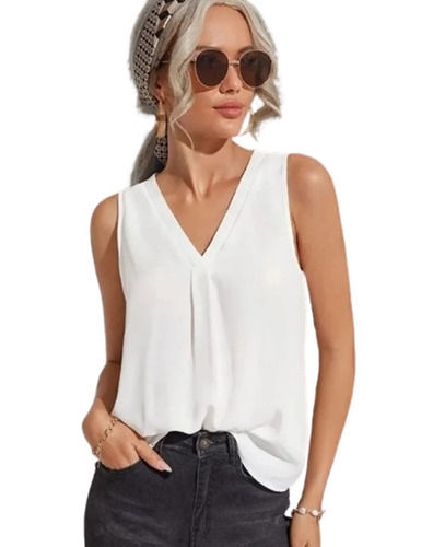 White Color Plain Pattern Sleeveless Ladies V-Neck Solid Top