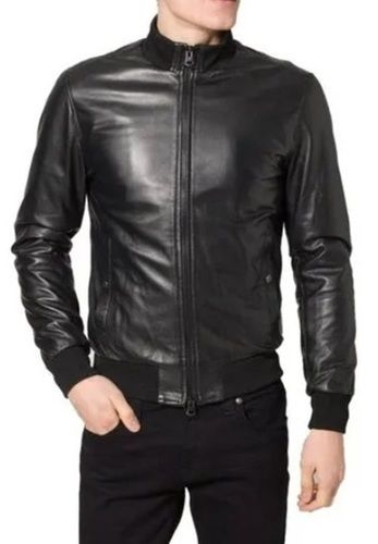 Black Color Full Sleeves Plain Pattern Bomber Leather Jacket