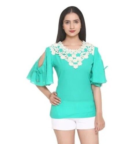 Green Color Short Sleeves Casual Wear Ladies Cotton Top