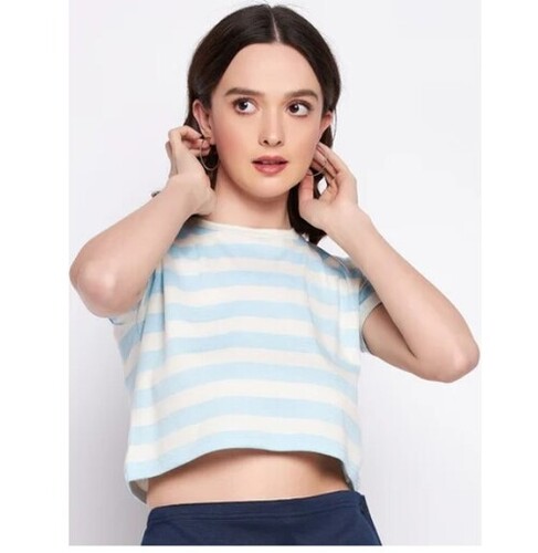 Crepe Crop Top - Multi-Colored Striped Pattern, Short Sleeve Design with Round Neck | All Sizes, Machine Washable, Perfect for Summer