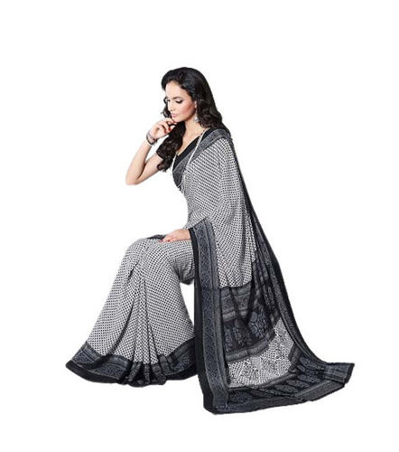 Fancy Printed Sarees - Cotton Blend, 6.3 Meters Length with Unstitched Blouse Piece, Black & Gray | Lightweight, Skin-Friendly, Fade Resistant, Extremely Comfortable, Easy Washable, Neatly Stitched