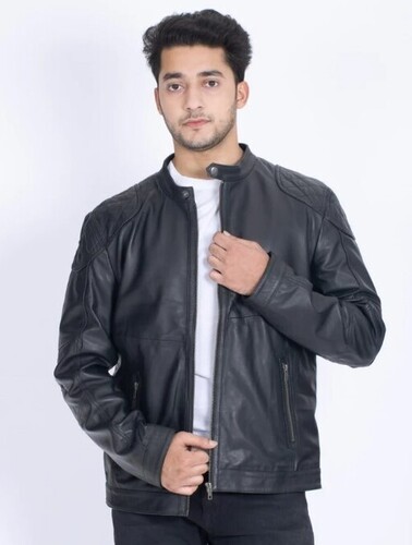 Black Color Full Sleeves Mens Leather Jacket For Casual Wear