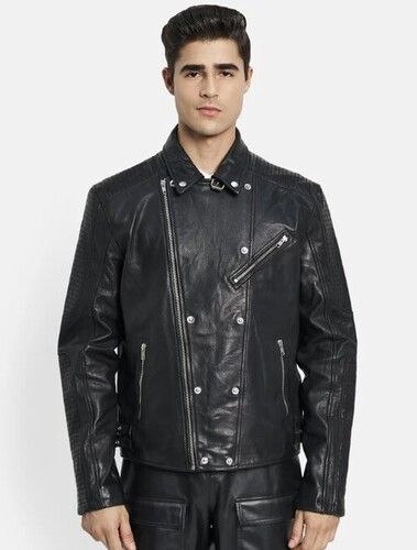 Black Color Full Sleeves Plain Pattern Gents Leather Biker Jacket