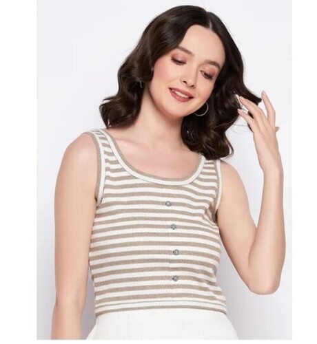 Girls Tops - Beige White Hosiery Sleeveless Fabric, Machine Washable for All Sizes, Perfect for Summer Wear
