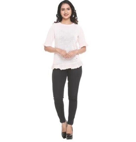 Ladies Stylish Top - Cotton Fabric 3/4th Sleeve V Neck Plain Design All Sizes Available Summer Wear Machine Washable Elegant White Color