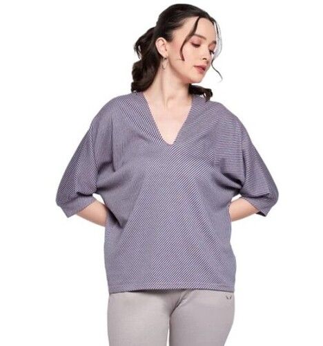 Blue Color 3/4th Sleeves V Neck Ladies Fancy Tops