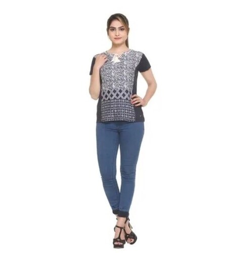 Ladies Fancy Tops - Cotton Blend All Sizes | Pattern Printed Short Sleeve Round Neck Casual Wear Machine Washable