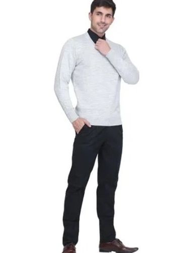 Full Sleeves Plain Pattern Light Grey Plain V-Neck Mens Sweater