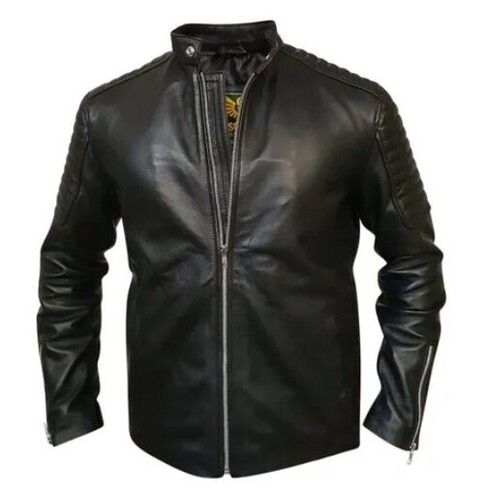 Black Color Full Sleeves Plain Pattern Mens Sheepskin Leather Jacket