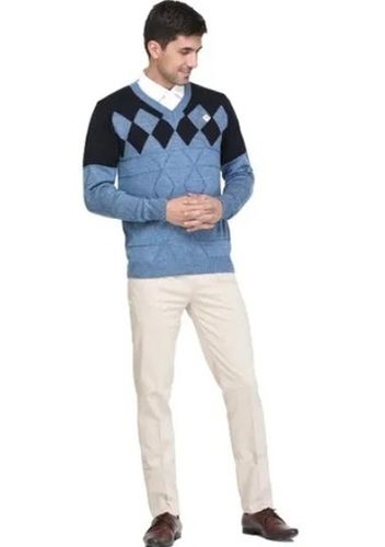 V Neck Blue Jacquard Men Sweater