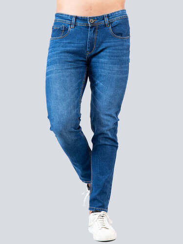 Mens Denim Jeans - Regular Fit, Comfortable and Washable, Blue Plain Dyed with Double Pockets